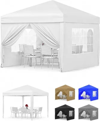 Immagine prodotto di Tenda pieghevole 3x3 metri, impermeabile e stabile, con 4 pareti laterali, bianca. Altezza regolabile, pareti laterali removibili, protezione solare UV50+. Ideale per giardino, terrazza, mercati e feste