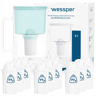 Produktbild von Wessper D2 BOROSILICATE Wasserfilterkanne 3 L Minze – Glasfilterkanne mit 10 AquaClassic Filter, BPA-frei