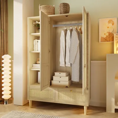 Produktbild von MODFU Kleiderschrank mit 2 Türen und Rattan‑Flechten,Aufbewahrungsschrank mit 2 Schubladen und offene Ablage,Schrank mit Kleiderstange,Eiche