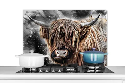 Produktbild von KitchenYeah®  Spritzschutz Küche - Küchenrückwand - Wandschutz für Herd und Spüle - Schottisches Hochlandrind - Farbe - Kuh 90x60 - Alu-Dibond (Alternative zum Spritzschutz aus Glas) - Hitzebeständig