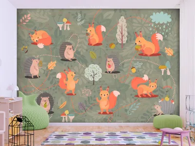 Produktbild von Vlies Fototapete Kinderzimmer 300x210 cm Tapeten Wandtapete XXL Waldtiere Eichhörnchen Igel Baum g-C-0368-a-a