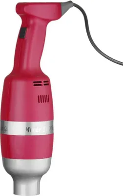 A red and silver immersion blender is shown against a white background.