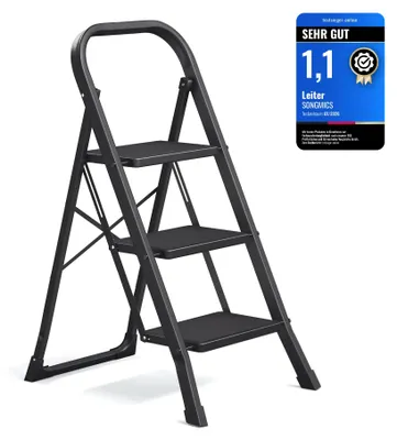 Produktbild von SONGMICS Trittleiter, Leiter mit 3 Stufen, Klapptritt, Klappsicherung, einfach zu verstauen, bis 150 kg belastbar, schwarz GSL003BZ01