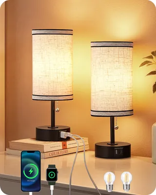 Produktbild von EDISHINE Nachttischlampen 2er-Set, mit USB-A- & USB-C-Anschlüssen, Modern  Zugschalter, inkl. 4W LED-Birnen E27, Tischlampe mit schwarzem Metallsockel