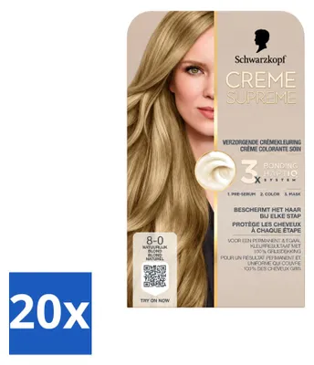 Imagen del producto de 20 unidades de Schwarzkopf Creme Supreme 8-0 Rubio Natural - Tinte permanente para el cabello, 245g - Paquete económico - 20 unidades