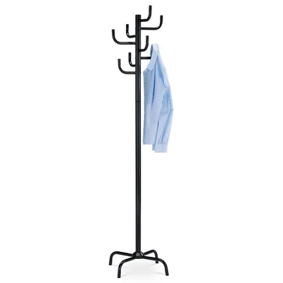 A black coat rack with a light blue shirt hanging on it, shown against a white background.