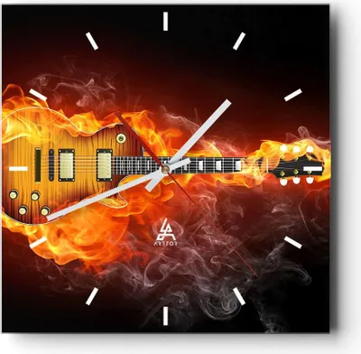 Produktbild von Wanduhr - Quadrat - Glasuhr - Feuer Gitarre Instrument - 40x40cm - Schleichendes Uhrwerk - Lautlos - zum Aufhängen bereit - Dekoration Modern - Wanddekoration aus Glas - C3AC40x40-0197