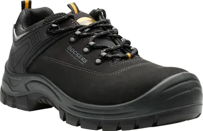 A black Dockers safety shoe is shown from a three-quarter front angle against a white background.