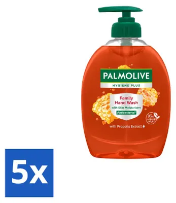 Imagen del producto de 5 unidades de jabón líquido para manos Palmolive Hygiene Plus, tamaño familiar, 300 ml cada uno. Paquete económico