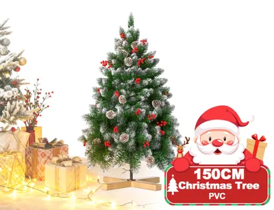 Zdjęcie produktu dla QEENTOE, sztuczne drzewko świąteczne, 150 cm, białe, pokryte imitacją śniegu, z szyszkami, wykonane z PVC, łatwy montaż, trudnopalne, w zestawie stojak choinkowy (zielony, 1,5 m)