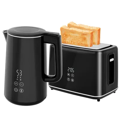 Produktbild von Fortuna Lai Wasserkocher Toaster Set 1,5L Wasserkocher 2 Toastscheiben 2200W Frühstücksset mit 7 Bräunungsstufen, Auftau- & Aufwärmfunktion, automatischer Abschaltung und Krümelfach, Schwarz