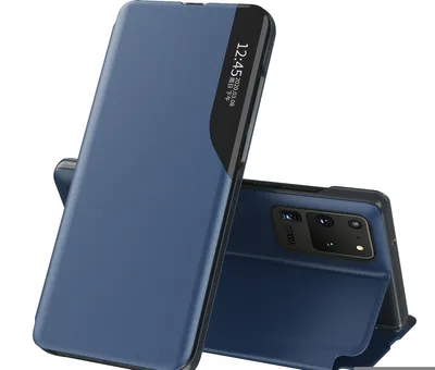 A blue flip case for a Samsung Galaxy S20 Ultra is shown, with the case open to reveal the phone's camera module.