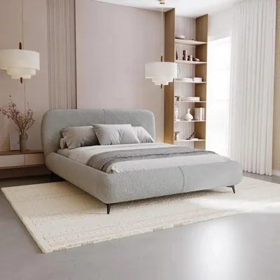 Produktbild von Chilly Möbel Design Bett Kyoto - Polsterbett im Japandi-Stil mit Bettkasten und Kopfteil 160x200 cm / Metallrahmen / Bouclé / Grau