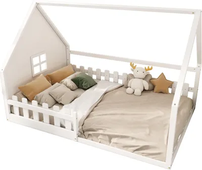 Produktbild von Flachbett 140x200cm Ohne Matratze Kinderbett Weiss Kiefernholz Mit Hausleiste Gelaender