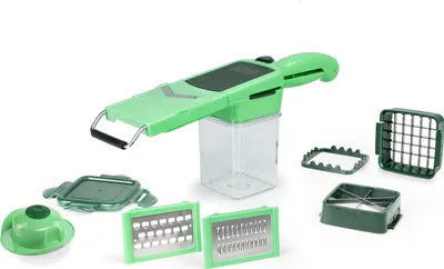 A set of green and clear plastic kitchen tools for cutting vegetables, arranged on a white background.
