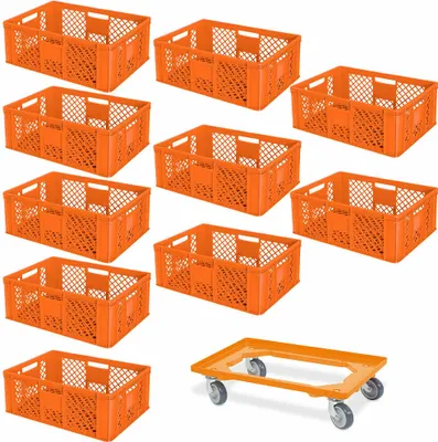Produktbild von 10 Euroboxen, 600x400x240 mm, orange, lebensmittelecht + Transportroller