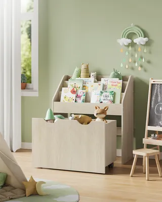 Produktbild von SONGMICS Bücherregal Kinder, Spielzeugregal, mit 3 Regalebenen und Rollen, haferflockenbeige