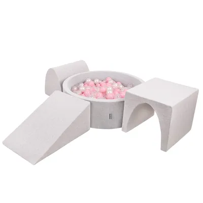 Obrázok produktu pre KiddyMoon Mäkké penové ihrisko pre deti s guľatým loptičkovým ihriskom (200 ∅ 7 cm) s mäkkými prekážkami a loptičkovým bazénom,  vyrobené v EÚ, Svetlo sivá:Púdrovo ružová/Perla/Transparen
