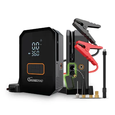 Produktbild von SachsenRAD Starthilfe Powerbank mit 150PSI Luftkompressor-12V Autobatterie Jump Starter mit Tragbaren Starthilfekabel, LED-Notlicht und Auto-Luftdüsen