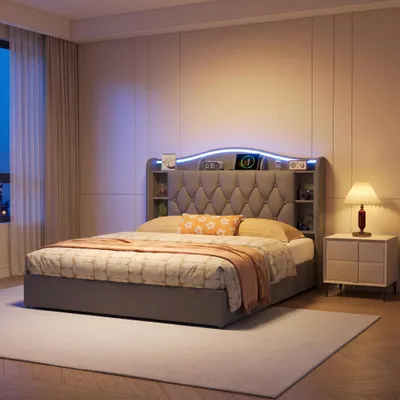 Image de Lit à lattes avec sommier intégré INONEFT, 140x200 cm, avec éclairage LED et ports USB, revêtement en velours gris, modèle avec coffre de rangement intégré