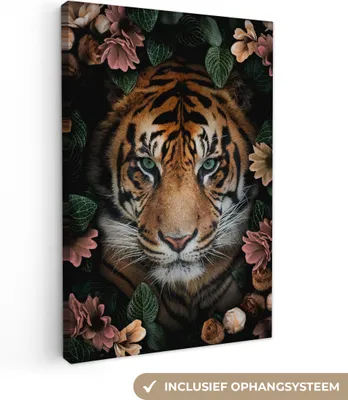 Produktbild von MuchoWow® - Leinwandbilder - Tiger - Blumen - Blätter, Wandbild, Wanddeko Bilder Wohnzimmer, 20x30cm