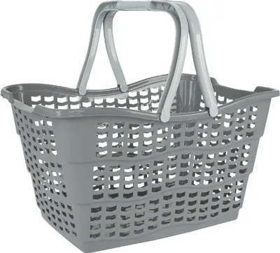 A grey plastic shopping basket with two handles, shown against a white background.