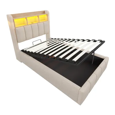 Produktbild von Merax Polsterbett 90x200cm mit hydraulischem Bettkasten, Kinderbett mit LED, USB- & Type-C, Kopfteil mit Ablage und Stauraum, Leinenstoff Beige