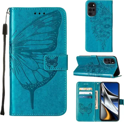 Produktbild von Moto G Stylus 5G 2022 Hülle, Schmetterling Prägung Flip Leder Kartenfächer Schutzhülle Ledertasche mit Ständer für Motorola Moto G Stylus 5G 2022 Blau
