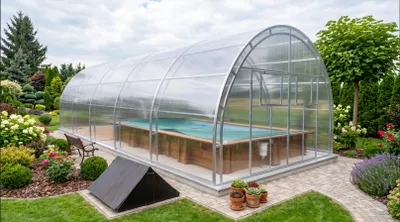 Zdjęcie produktu dla Pokrywa basenowa Garten Dream "Grand Oasis" 4x4M z poliwęglanu 10 mm Całoroczna. Odporna na śnieg i wiatr. Podwójne drzwi. Ochrona przed rdzą