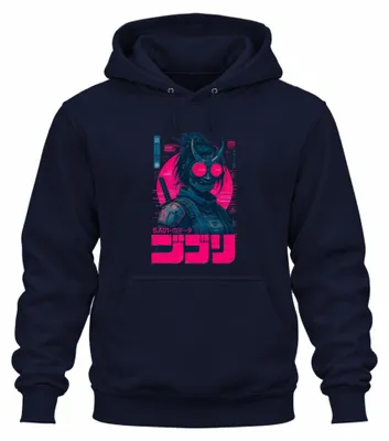 Obrázok produktu pre Cyberpunk, Oni, Samurai, Katana, model SA01, Japonsko, štýl Y2K, mikina s kapucňou, tmavomodrá, veľkosť M