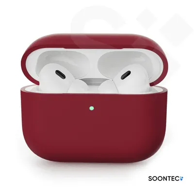 A close-up shot of a pair of red AirPods Pro 3rd generation earbuds case with the earbuds inside, set against a white background.