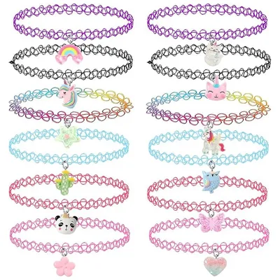 Produktbild von Choker-Kette für Damen – Mädchen-Halskette – Set mit 12 Stück – Anhänger und Charms – Einhorn, Regenbogen, Herz