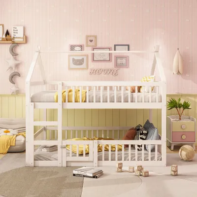 Obrázok produktu pre okwish Poschodová posteľ 140x200 cm s rebríkom, vysoká posteľ s ochranou proti vypadnutiu, masívna drevená detská posteľ, posteľ s rámom a roštom (spodná posteľ bez roštu), biela