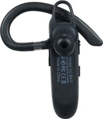A black Bluetooth headset with an ear hook is shown against a white background.