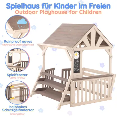 Produktbild von MODFU Outdoor-Spielhaus Küchenspielset aus Holz mit Spielzeugregal Outdoor-Kinderspielzeug mit regensicherem Dach und halbhohen Geländern für den Außenbereich geeignet Grau