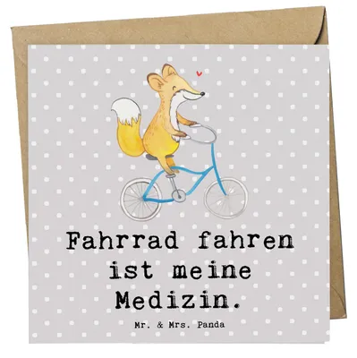 Produktbild von Mr. & Mrs. Panda Klappkarte Fuchs Fahrrad fahren - Grau Pastell - Geschenk, doppelkarte, Glückwunschkarte, faltkarte, Radsport, Mountainbiking, Grußkarte, anlasskarte