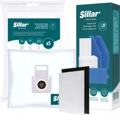 A collection of vacuum cleaner bags and filters are displayed together, with packaging visible.