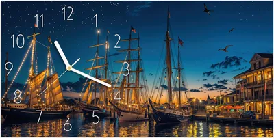 Produktbild von Wanduhr aus Glas mit Motiv Nachthafen- 60 x 30 cm - inkl. Aufhängesystem