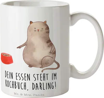 Produktbild von Mr. & Mrs. Panda Kaffeebecher Katze Fressen - Weiß - Geschenk, Geschenktasse, Trinkbecher, Kaffeetasse, Tasse, Teetasse, Bedruckte