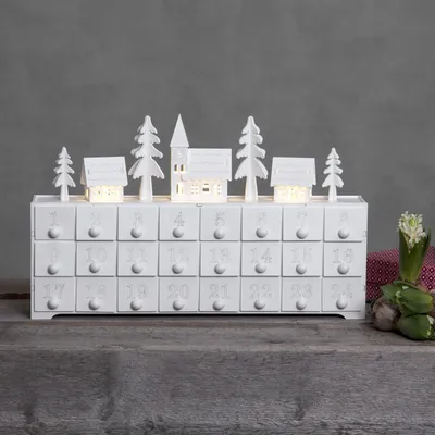 Immagine prodotto di Calendario dell'Avvento "Yuletide" | Legno | Bianco | Con illuminazione | 4 LED bianco caldo | Dimensioni circa 37 x 21 cm | 24 cassetti | Da riempire | Calendario di Natale