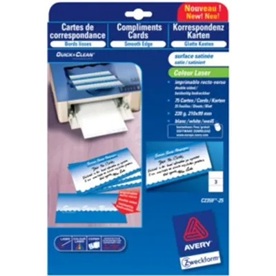 Produktbild von Avery® Quick and Clean C2359-25 Laser Notizzettel - Weiß - 210 mm x 99 mm - 220 g/m² Grammage - Satin - 25er Pack