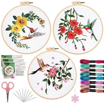 Produktbild von 3-teiliges Stickset für Anfänger mit Vogel- und Blumenmotiven, inkl. Stickrahmen