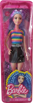 Produktbild von Barbie Fashionistas Puppe (blaue Haare) im Regenbogen-Shirt und Rock