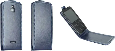 Three views of a blue flip-style phone case, two closed and one open with a phone inside.