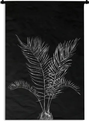 Produktbild von MuchoWow® Wandteppich Wandbehang Blätter einer Palme auf schwarzem Hintergrund - schwarz und weiß 90x135 cm Tapisserie Dekoration Wandtuch - Baumwolle - Wandskulptur