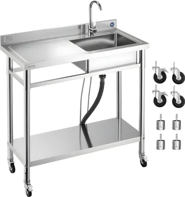 Obrázek produktu pro Dřezová skříňka VEVOR z nerezové oceli (1000 x 500 x 1055 mm), s jednou mísou, baterií a kolečky, kuchyňský dřez pro garážovou prádelnu, venkovní dřezová skříňka s pracovní deskou (vlevo)