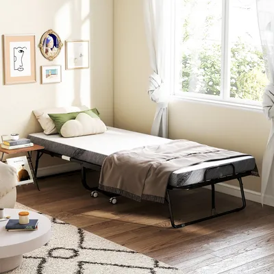 Produktbild von SUGIFT Gästebett klappbar mit Matratze, Klappbett Stahl, Feldbett mit Rollen, Weiß-Schwarz | 200 x 90 cm | bis 150 kg | 4 Rollen