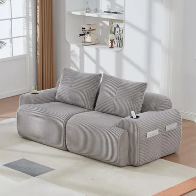 Produktbild von okwish Modulares Zweisitzer Relaxsofa Chaiselongue Loungesofa mit 2-Sitzer-Konstruktion,Ecksofa mit Getränkehalter und Aufbewahrungstasche,Cordsofa ohne Hockern,Hellgrau