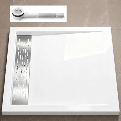 Produktbild von doporro Duschtasse Duschwanne 90x100x5cm flach aus Acryl in Weiß Rechteckig inkl. Ablaufgarnitur AL01 DIN-Anschlüsse für bodenebene Montage geeignet Xetro04W