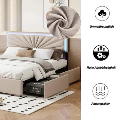 Imagen del producto de Cama de lino color beige para 2 personas, con espacio de almacenamiento y iluminación LED, de 160x200 cm
